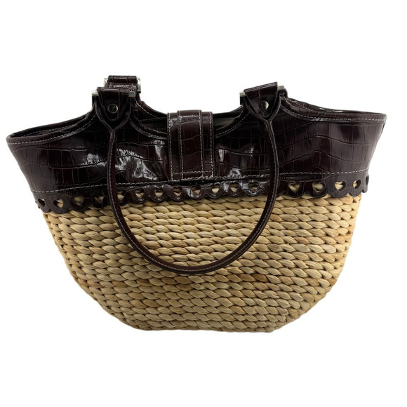 Straw Tote Handbag‎ Heart Accents Silver Buckle - Picture 3 of 14